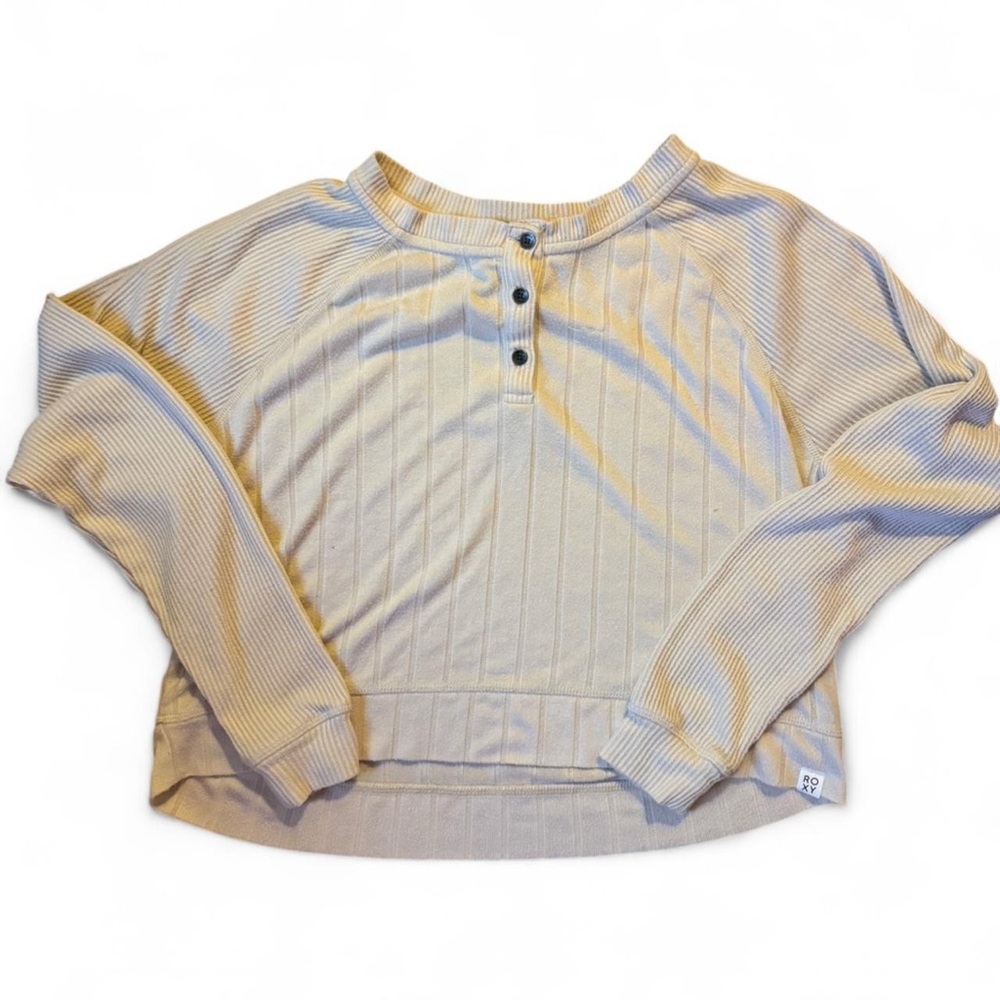 Roxy Cream Ribbed Henley Sweatshirt Size Small Cozy Beachy